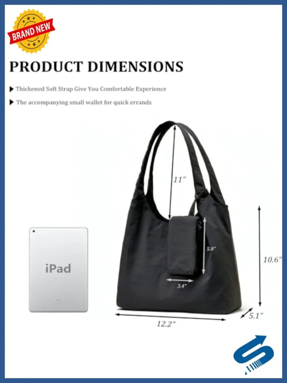 Nylon Tote Bag with Zipper - Medium Lightweight Soft Slouchy Hobo Shoulder